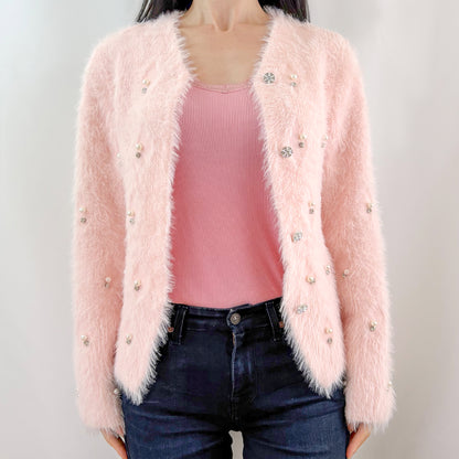 Soft Light Pink Embellishment Furry Knit Cozy Cardigan
