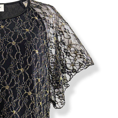 Flutter Short Sleeve Black/Gold Embroidery Floral Lace Top