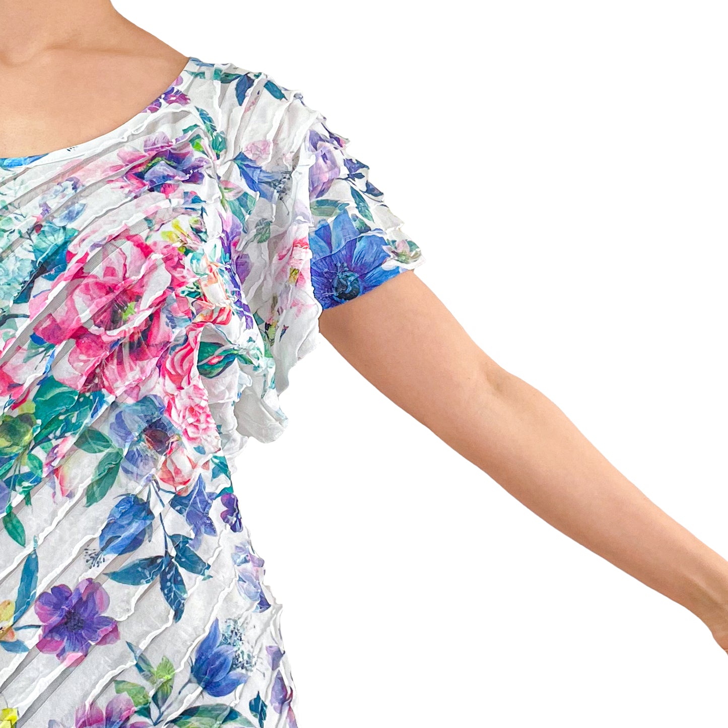 Bright Multi Color Floral Print White Layered Stretch Mesh Tunic Knit Blouse