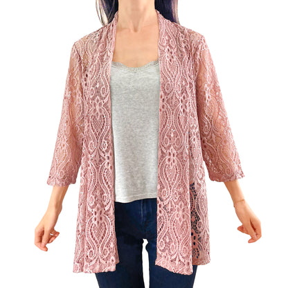 Dusty Rose Pink Sequin Glitter Floral Lace 3/4 Sleeve Cardigan