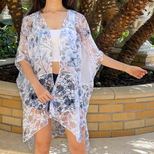 Printed Blue Floral Relaxed Fit Kimono Loose Cover Up