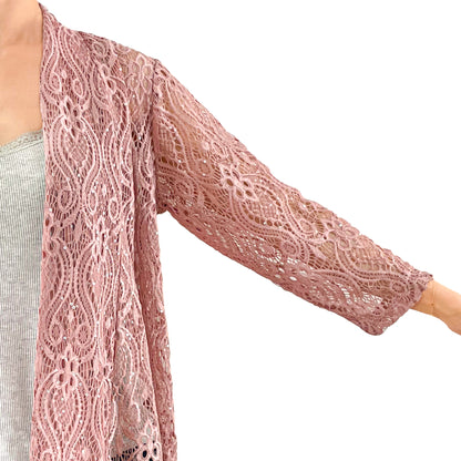 Dusty Rose Pink Sequin Glitter Floral Lace 3/4 Sleeve Cardigan