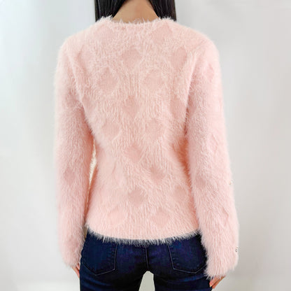 Soft Light Pink Embellishment Furry Knit Cozy Cardigan