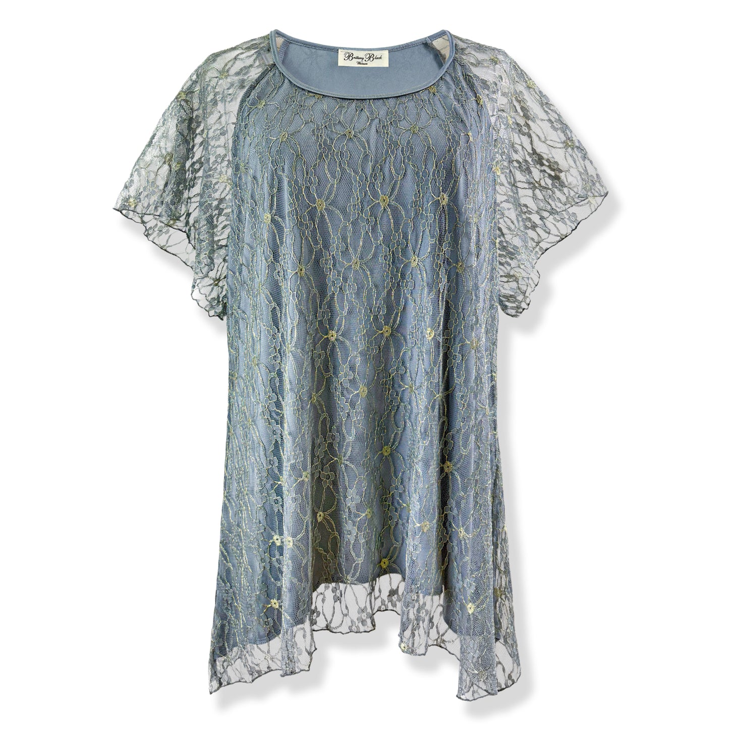 Flutter Short Sleeve Dusty Blue Gray/Gold Embroidery Floral Lace Top