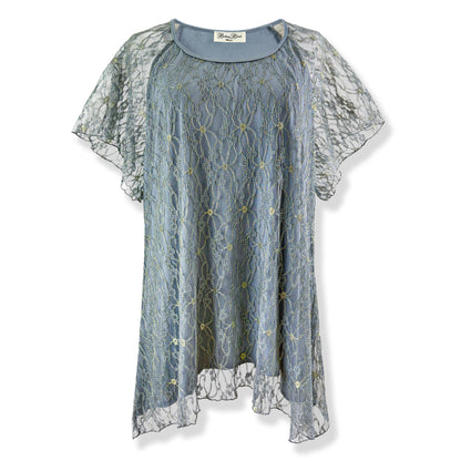 Flutter Short Sleeve Dusty Blue Gray/Gold Embroidery Floral Lace Top