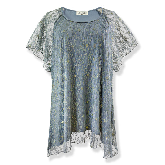 Flutter Short Sleeve Dusty Blue Gray/Gold Embroidery Floral Lace Top