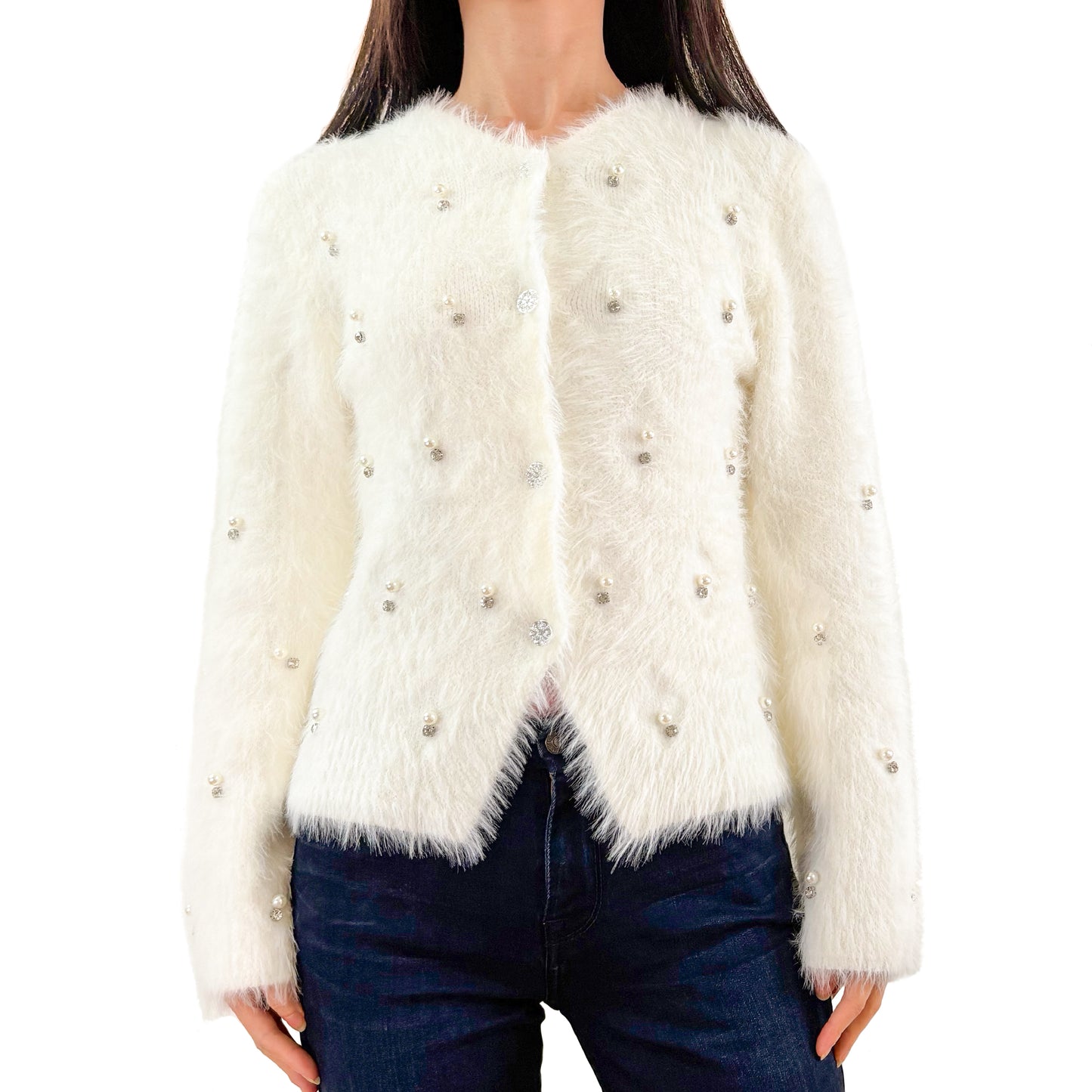 Soft Ivory White Embellishment Furry Knit Cozy Cardigan