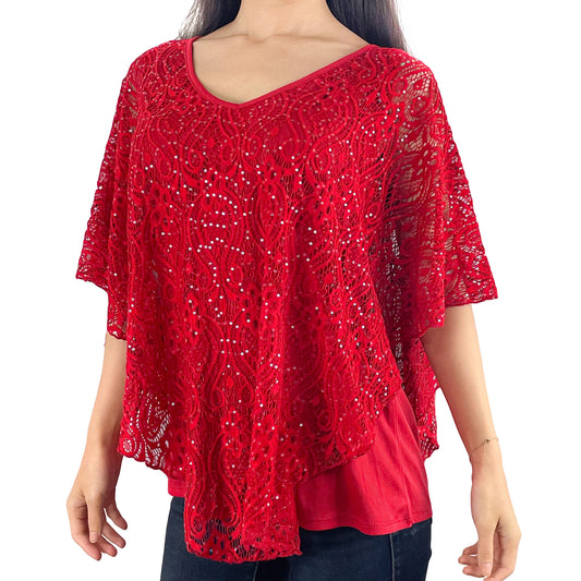 Red Glitter Floral Lace V-Neck 3/4 Sleeve Poncho