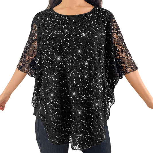 Scoop Neck Embellished Black Floral Sequin Glitter Lace Poncho