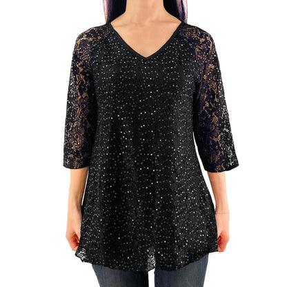 3/4 Sleeve Black V-Neck Glitter Sequins Floral Lace Top