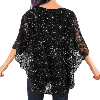 Scoop Neck Embellished Black Floral Sequin Glitter Lace Poncho