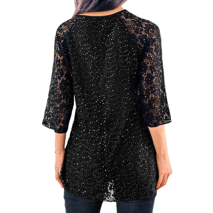 3/4 Sleeve Black V-Neck Glitter Sequins Floral Lace Top