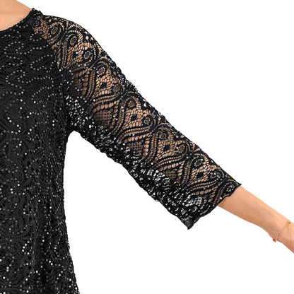 3/4 Sleeve Black Floral Glitter Sequins Lace Top