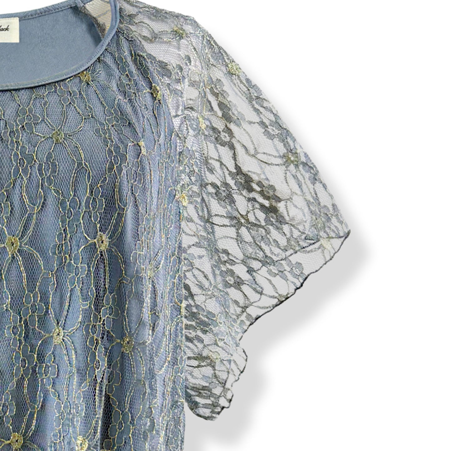 Flutter Short Sleeve Dusty Blue Gray/Gold Embroidery Floral Lace Top