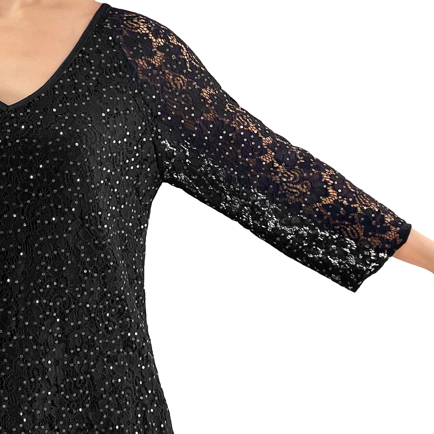 3/4 Sleeve Black V-Neck Glitter Sequins Floral Lace Top