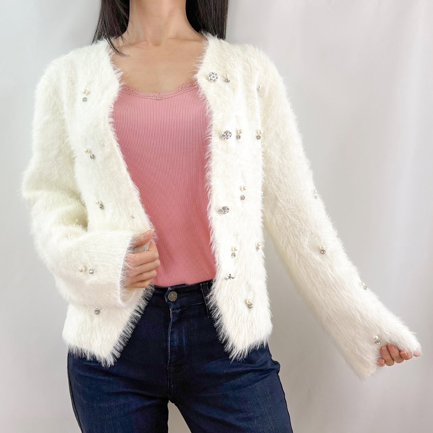 Soft Ivory White Embellishment Furry Knit Cozy Cardigan