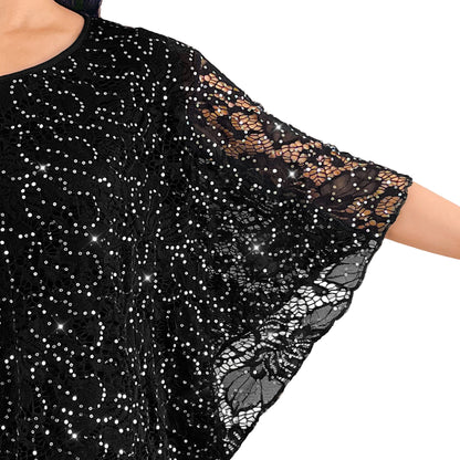 Scoop Neck Embellished Black Floral Sequin Glitter Lace Poncho