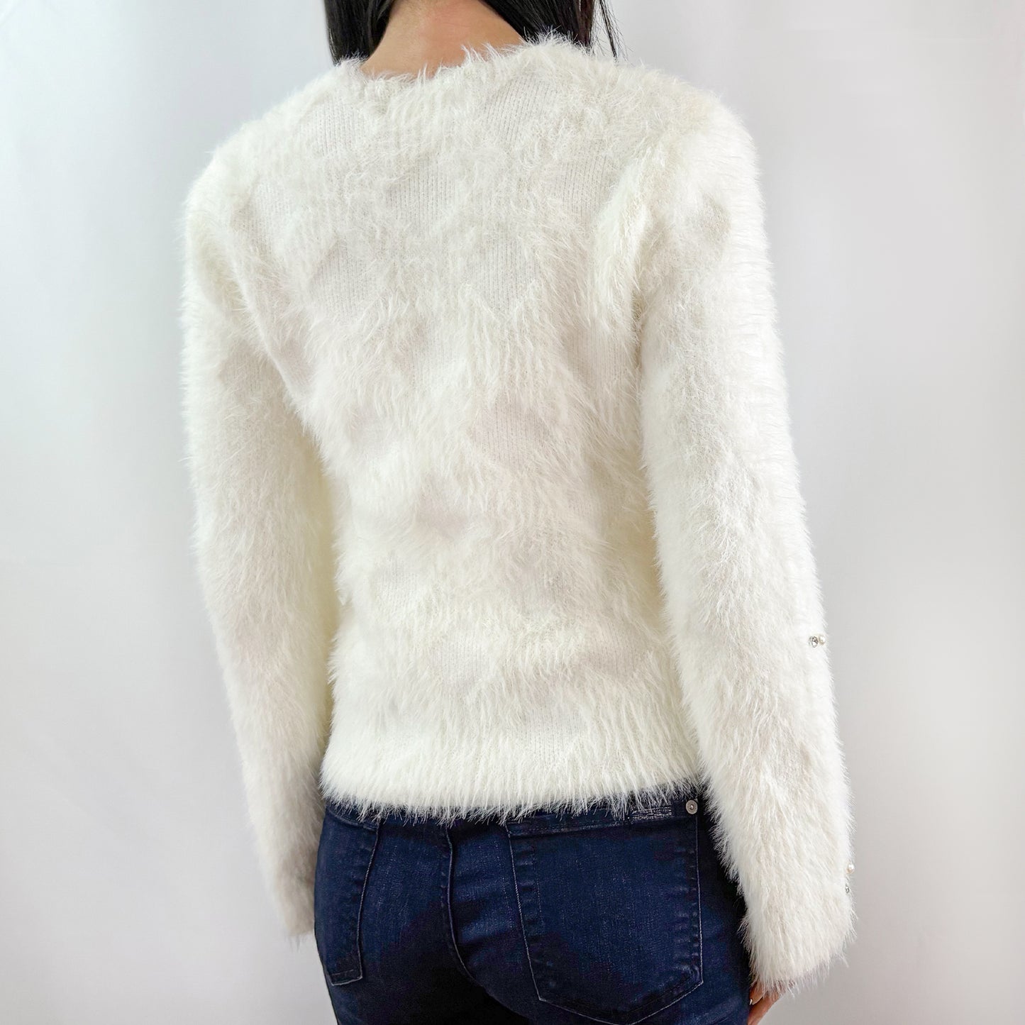 Soft Ivory White Embellishment Furry Knit Cozy Cardigan