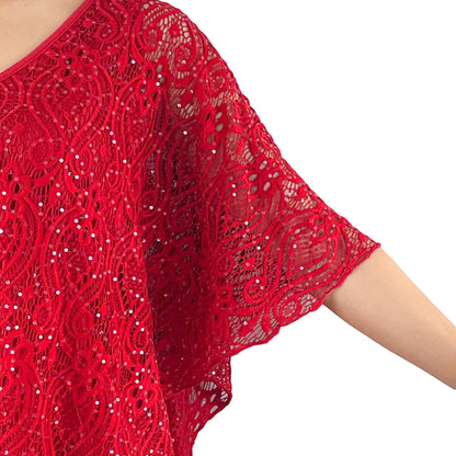Red Glitter Floral Lace V-Neck 3/4 Sleeve Poncho
