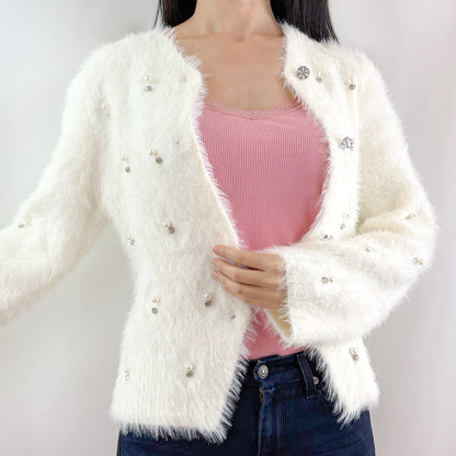 Soft Ivory White Embellishment Furry Knit Cozy Cardigan