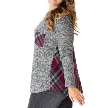 Casual Knit Long Sleeve Pullover Hacci Tunic (Wine Red Plaid/Two Tone Grey)