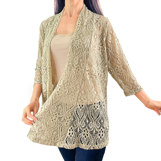 Light Taupe Sequin Glitter Floral Lace 3/4 Sleeve Cardigan