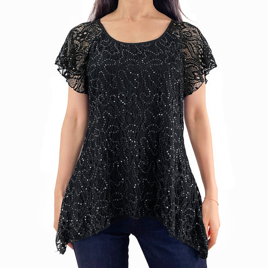 Flutter Short Sleeve Black Floral Glitter Sequins Lace Top