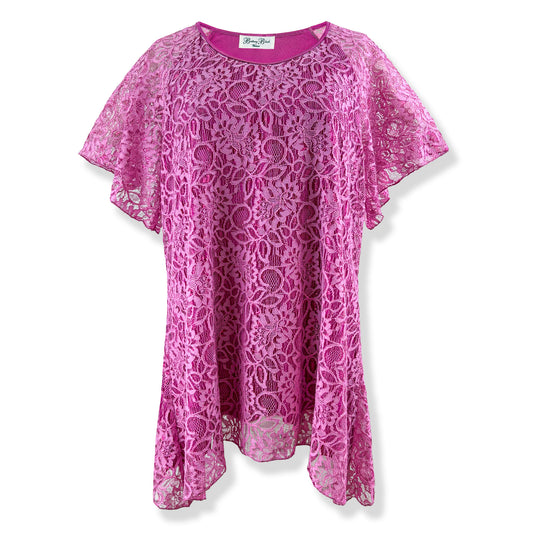 Flutter Short Sleeve Two-Tone Shiny Pink Floral Lace Top