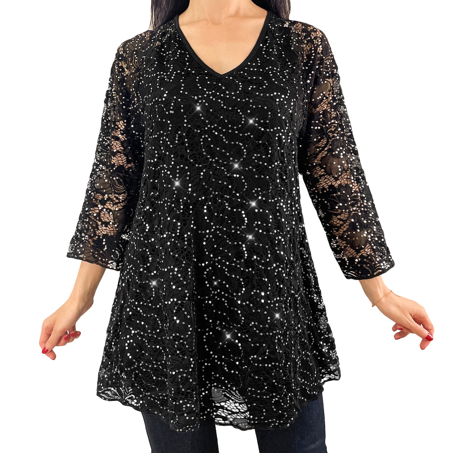 V-Neck Black Floral Glitter Sequins Lace Top