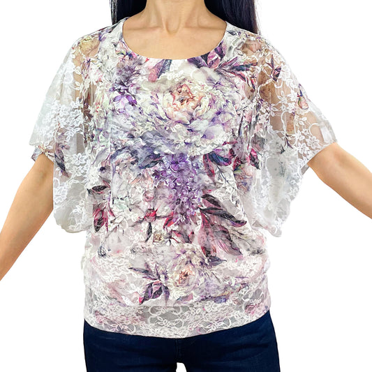 Yellow Purple Printed Floral 3/4 Sleeve Banded Bottom Lace Top