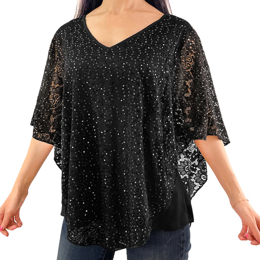 Glitter Graphic Floral Lace V-Neck 3/4 Sleeve Poncho