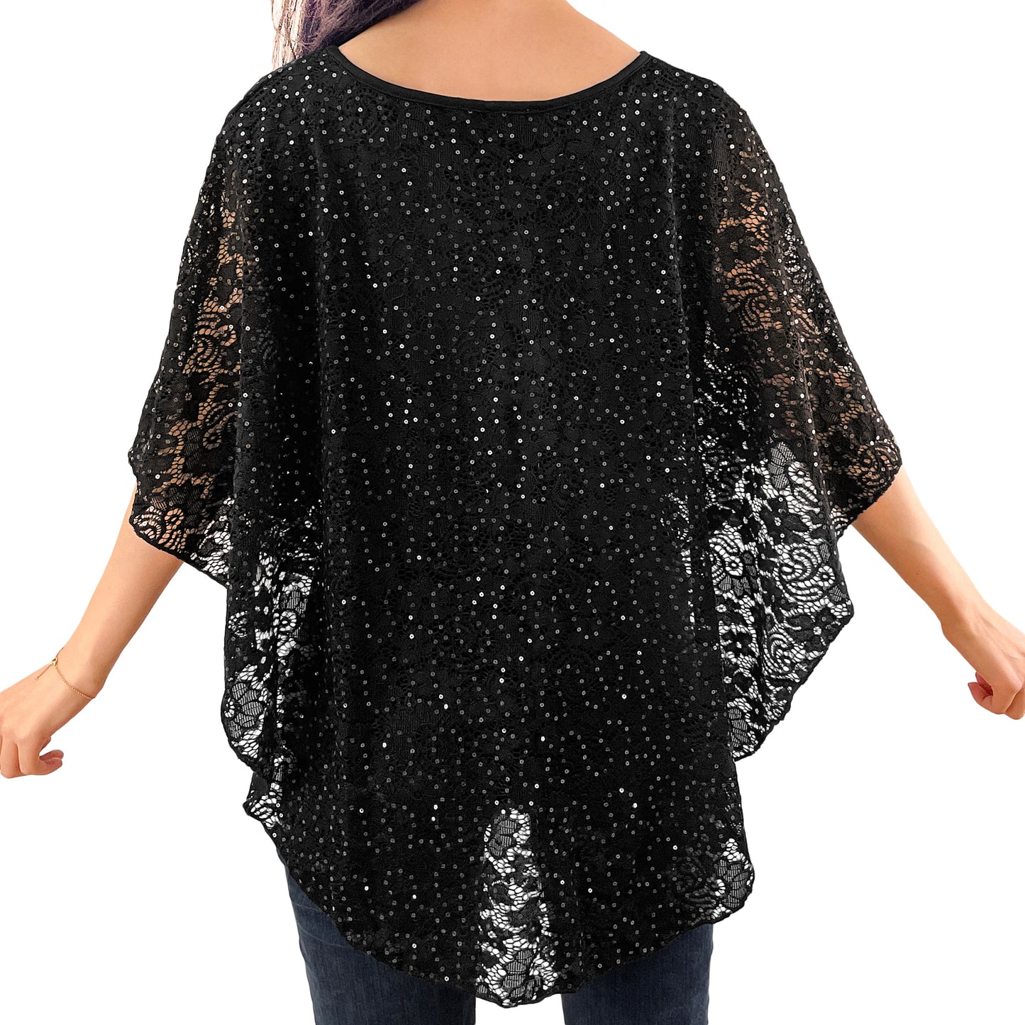 Glitter Graphic Floral Lace V-Neck 3/4 Sleeve Poncho