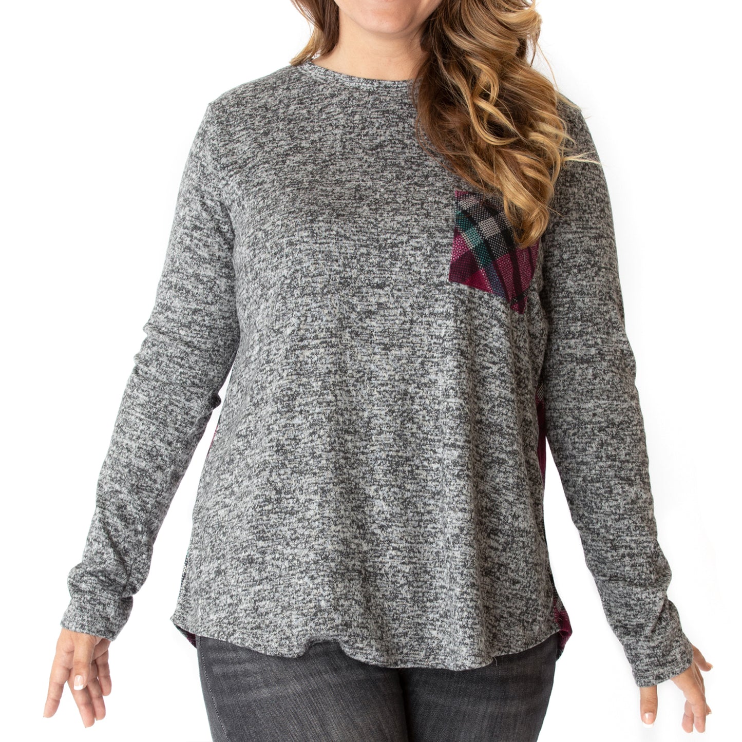 Casual Knit Long Sleeve Pullover Hacci Tunic (Wine Red Plaid/Two Tone Grey)