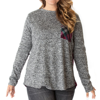 Casual Knit Long Sleeve Pullover Hacci Tunic (Wine Red Plaid/Two Tone Grey)