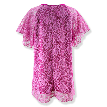 Flutter Short Sleeve Two-Tone Shiny Pink Floral Lace Top