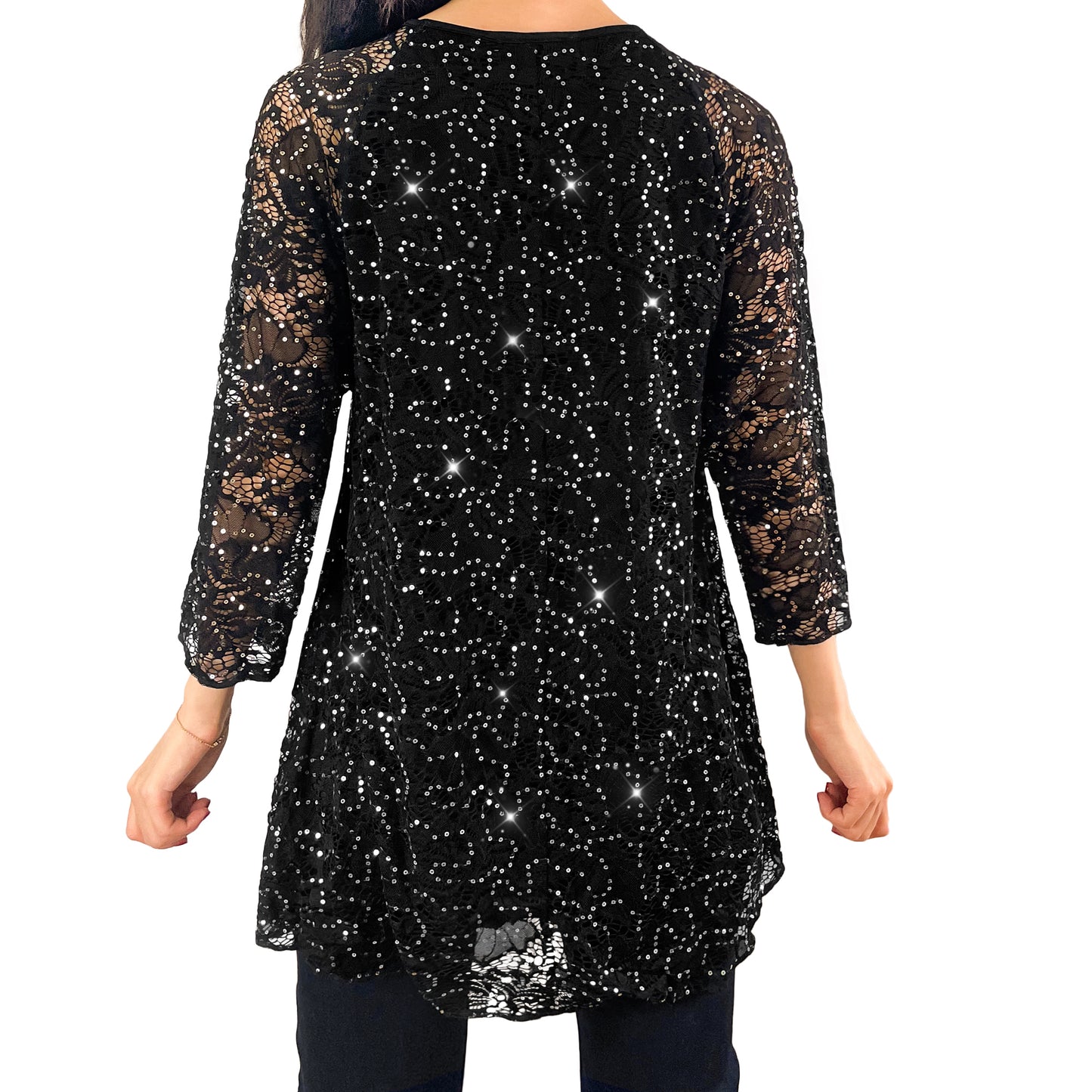 V-Neck Black Floral Glitter Sequins Lace Top