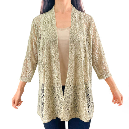 Light Taupe Sequin Glitter Floral Lace 3/4 Sleeve Cardigan