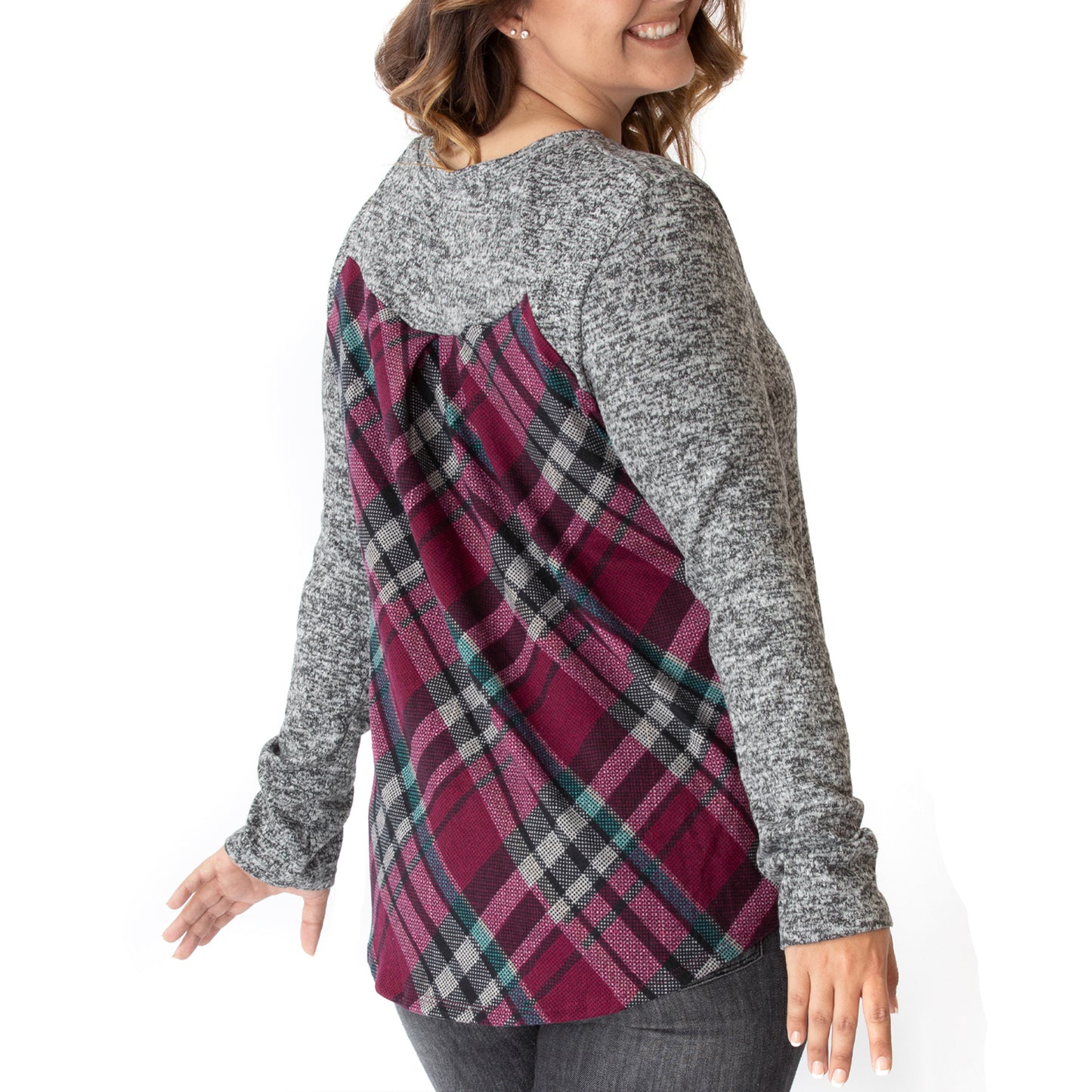 Casual Knit Long Sleeve Pullover Hacci Tunic (Wine Red Plaid/Two Tone Grey)