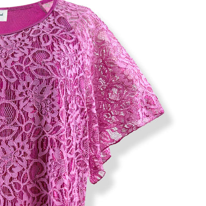 Flutter Short Sleeve Two-Tone Shiny Pink Floral Lace Top