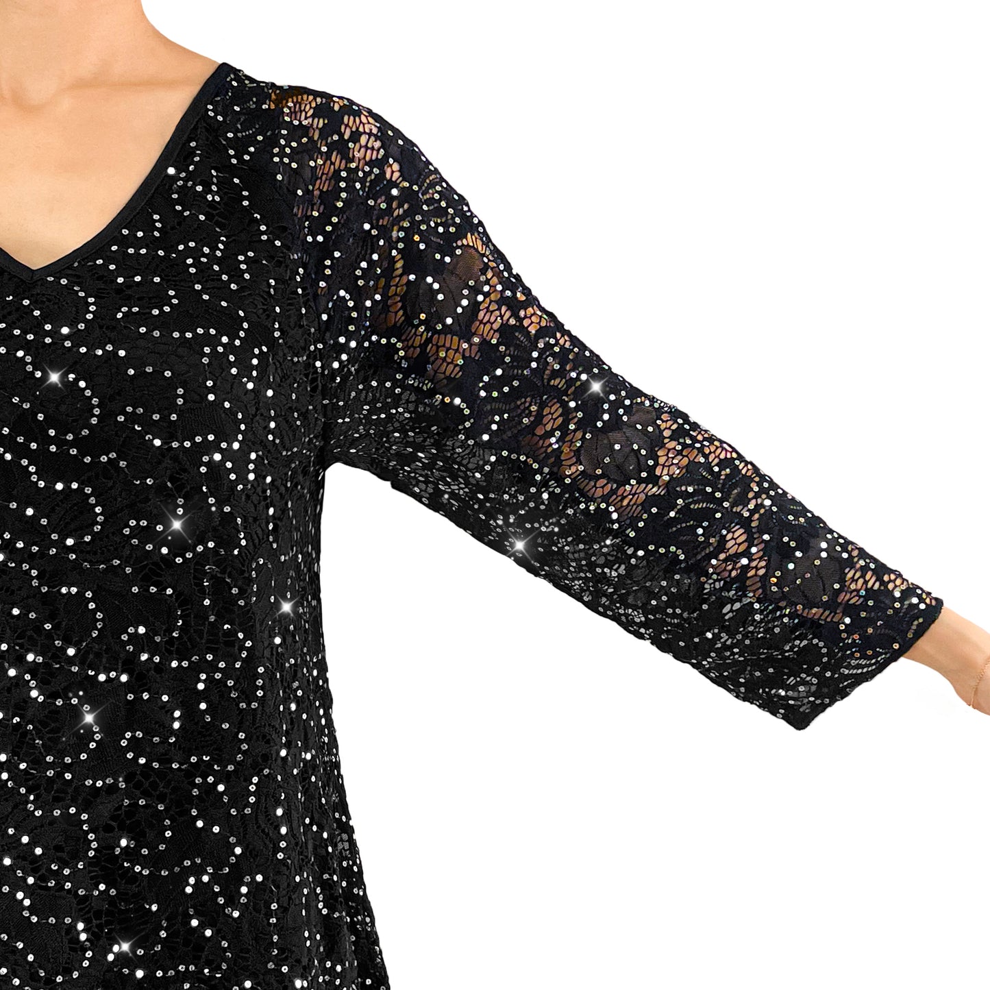 V-Neck Black Floral Glitter Sequins Lace Top