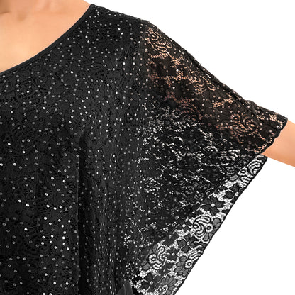 Glitter Graphic Floral Lace V-Neck 3/4 Sleeve Poncho