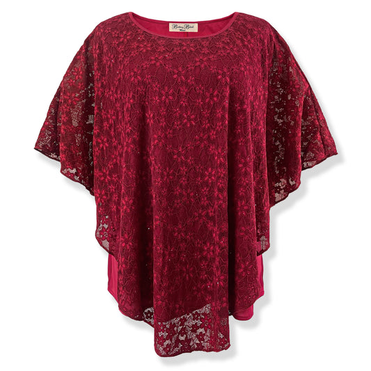 Scoop Neck Embellished Burgundy Red Floral Lace Poncho