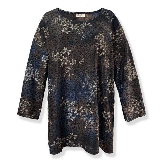 Gold Glitter Floral/Brown Navy Tunic Shirt Knit Top