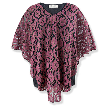 Dusty Rose/Gold Embroidery Floral Lace V-Neck 3/4 Sleeve Poncho