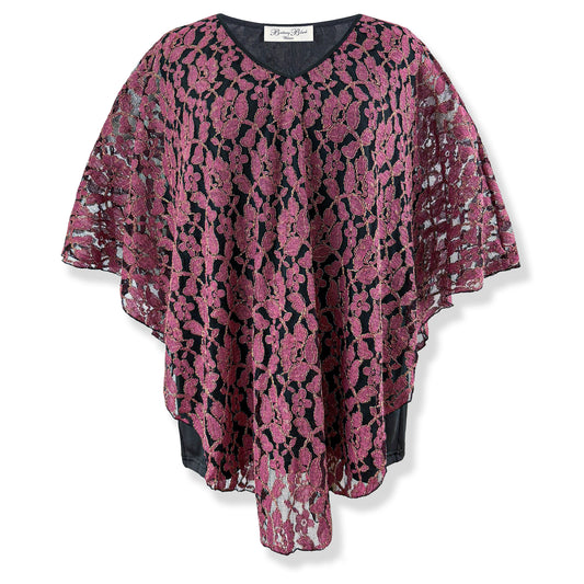 Dusty Rose/Gold Embroidery Floral Lace V-Neck 3/4 Sleeve Poncho