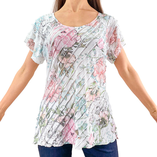 Pink Blue Pastel Floral Print White Layered Stretch Mesh Tunic Knit Blouse