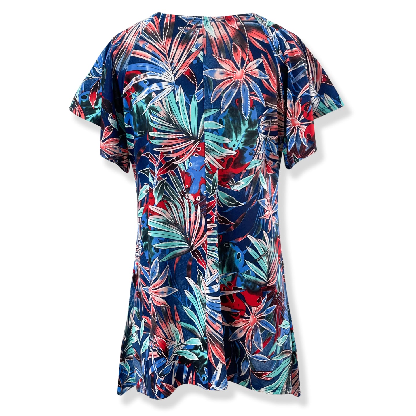 Tropical Palm Trees Print Flutter Short Sleeve Tunic Knit Top