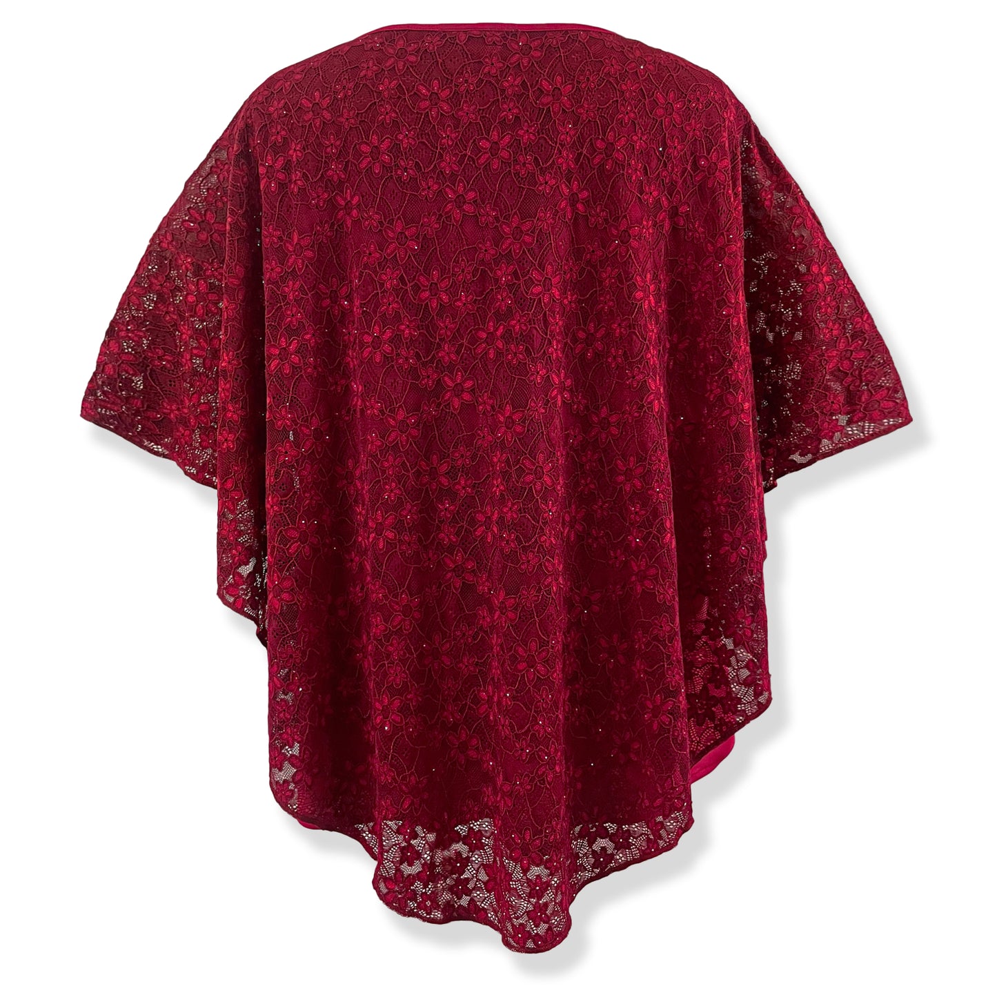 Scoop Neck Embellished Burgundy Red Floral Lace Poncho