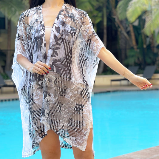 Printed Dark Charcoal Floral Relaxed Fit Kimono Loose Cover Up