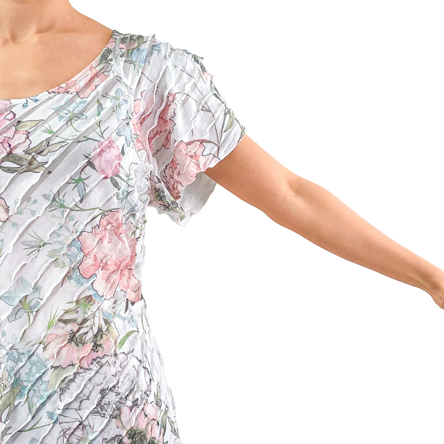 Pink Blue Pastel Floral Print White Layered Stretch Mesh Tunic Knit Blouse